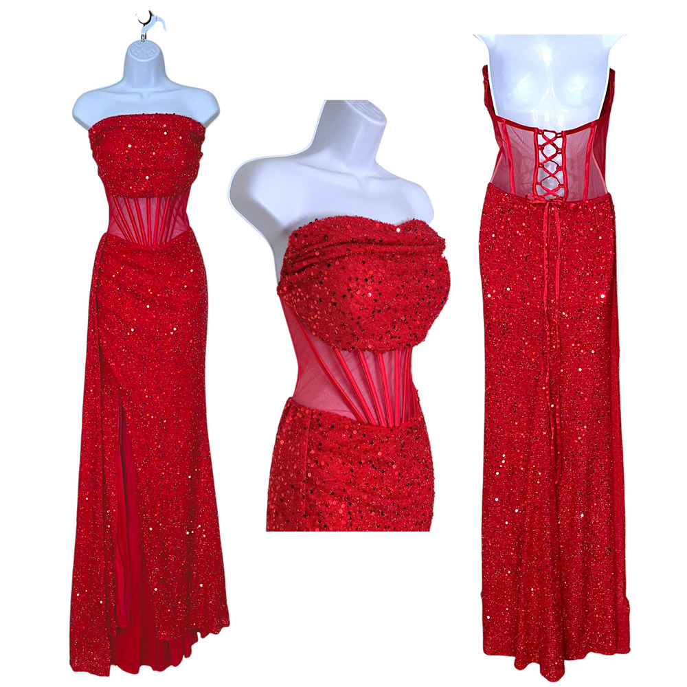 Red Sequin Sheer Corset Long Formal Prom Sz L Pageant Evening Gown Gala Dress